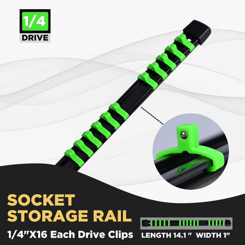Socket Organizer, 1/4-Inch Drive Heavy Duty Socket Holder Kit ABS, Socket Rail 1/4-Inch x 16 Clips Green 1PC 1/4x1