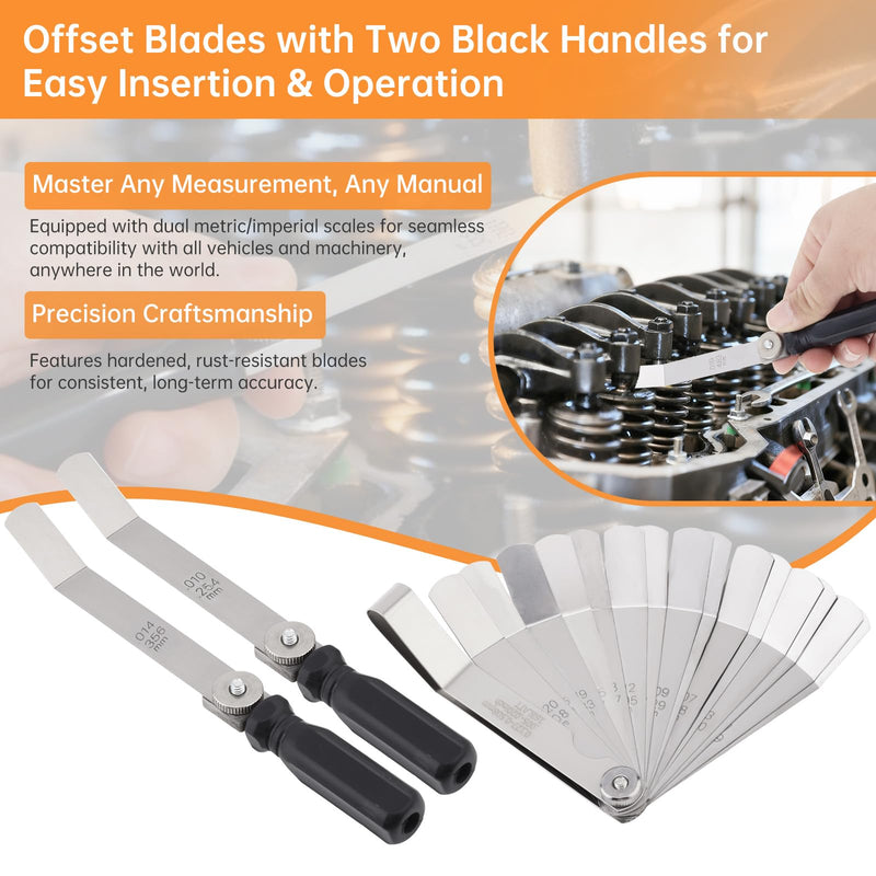 Offset Valve Tappet Gauge Set, 16-Blades Feeler Gauge with Two Handles (0.005" - 0.020 inch/0.127mm - 0.508 mm Dual Size) & Screwdriver
