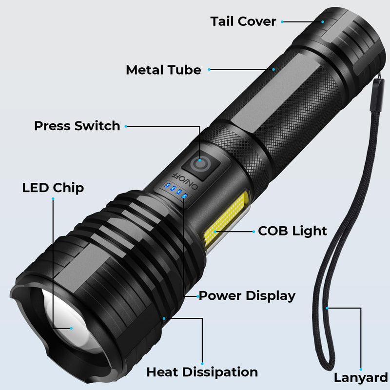 Flashlight Rechargeable Flashlights High Lumens, 99,000 LM Bright LED Flashlight Powered Flash Light, USB Rechargeable Flashlights & Waterproof Handheld Flash lights for Home Camping Hiking(2 Pack)