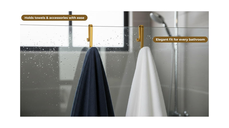 Universal Shower Hooks for Glass (6–10mm) - Extended 6” Hanging Hooks for Frameless Shower Doors, Frameless & Framed Shower Walls - Double Sided Hooks for Towels, Robes and Bathroom Accessories (Gold) Gold