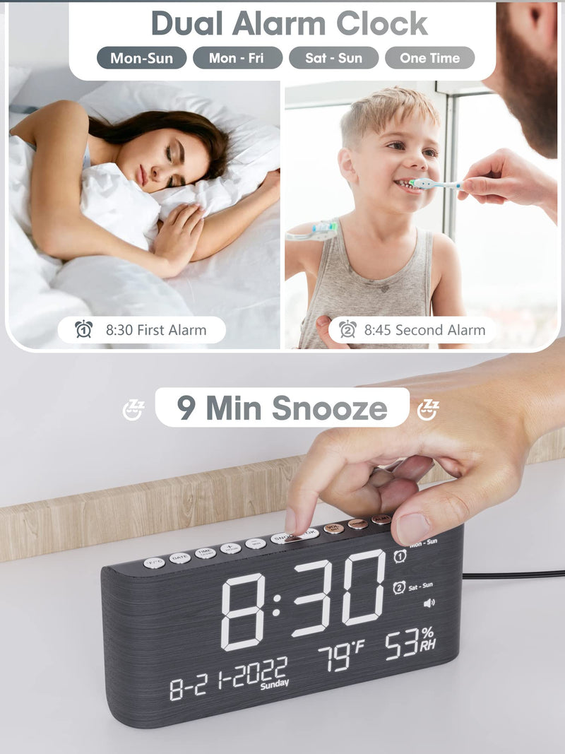 Raynic Alarm Clock, 8.7 Inch Digital Clock, Alarm Clock with USB and Type-C Charger,Dual Alarms,Temperature, Humidity,Date, 5 Adjustable Volume and 5 Dimmer for Bedroom Living Room Office (Grey) Dark Grey
