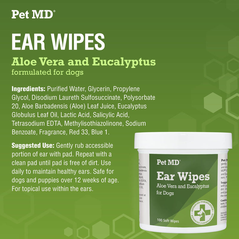 Pet MD Dog Ear Cleaning Wipes with Aloe and Eucalyptus + Veterinary Tris Flush Cat & Dog Ear Cleaner - PawsPlanet Australia