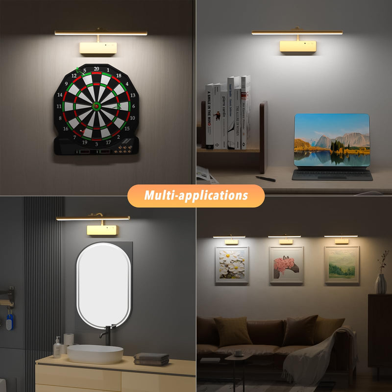 Picture Light with Remote, 15.35inch Wireless Rechargeable Battery Wall Light for Paintings, 3 Colors Paintings Light Dimmable and Timer Metal Art Light for Display, Wall, Artwork, Gallery (Gold) Gold - NewNest Australia