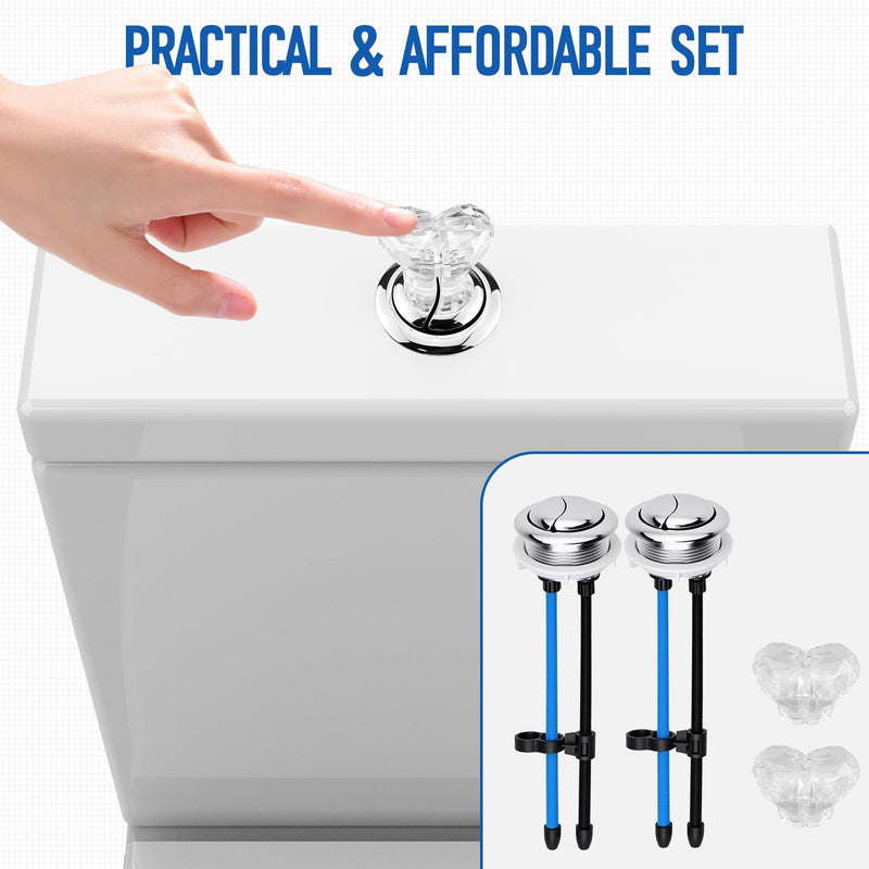 2 Pcs 48mm Adjustable Toilet Tank Dual Buttons with 2 Sets Love Heart Toilet Button | Universal Top Mount Flush Kit Replacement | Fit for Standard & Most Toilets 2 Pcs 48mm