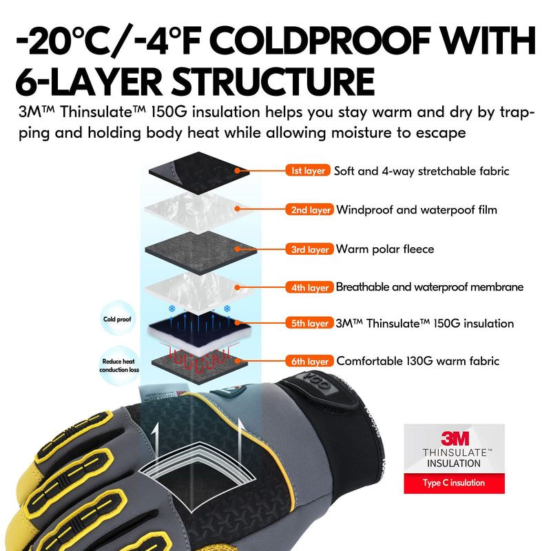 Vgo... Winter Work Gloves for Men, Cold Weather Waterproof Safety Work Gloves,Freezer Gloves,Cow Leather,Touchscreen(1 Pair,M,Gray,CA7724FW) 1 Medium
