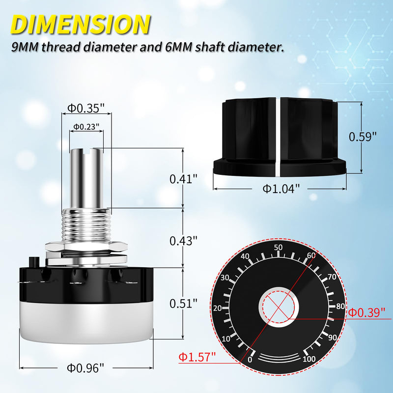Joinfworld 10K Potentiometer Single Turn Carbon Film Rotary Potentiometer 10K Ohm with A03 Knob & Dial for Inverter Speed Regulation Motor Speed Control