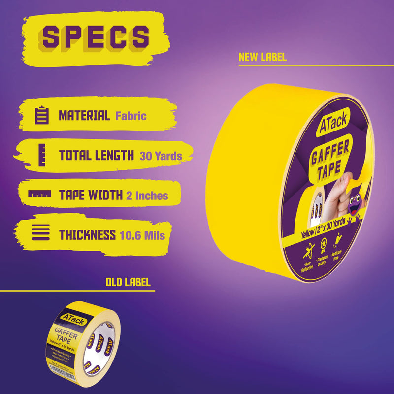 ATack Gaffer Tape, 2-Inch x 30-Yards, Yellow Premium Grade and Easy Tear Matte Yellow Gaff Main Stage Tape for Photographers, Interior Designers and Professionals