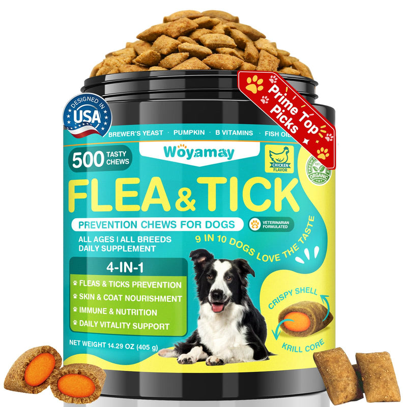 Woyamay 4-IN-1 Flea and Tick Prevention for Dogs, 500 Crunchy Dog Flea Chews, Dog Flea Treatment, Natural Oral Flea Treatment for Dogs, Daily Support for Flea, Skin & Coat, Gut, Immune, Chicken Flavor
