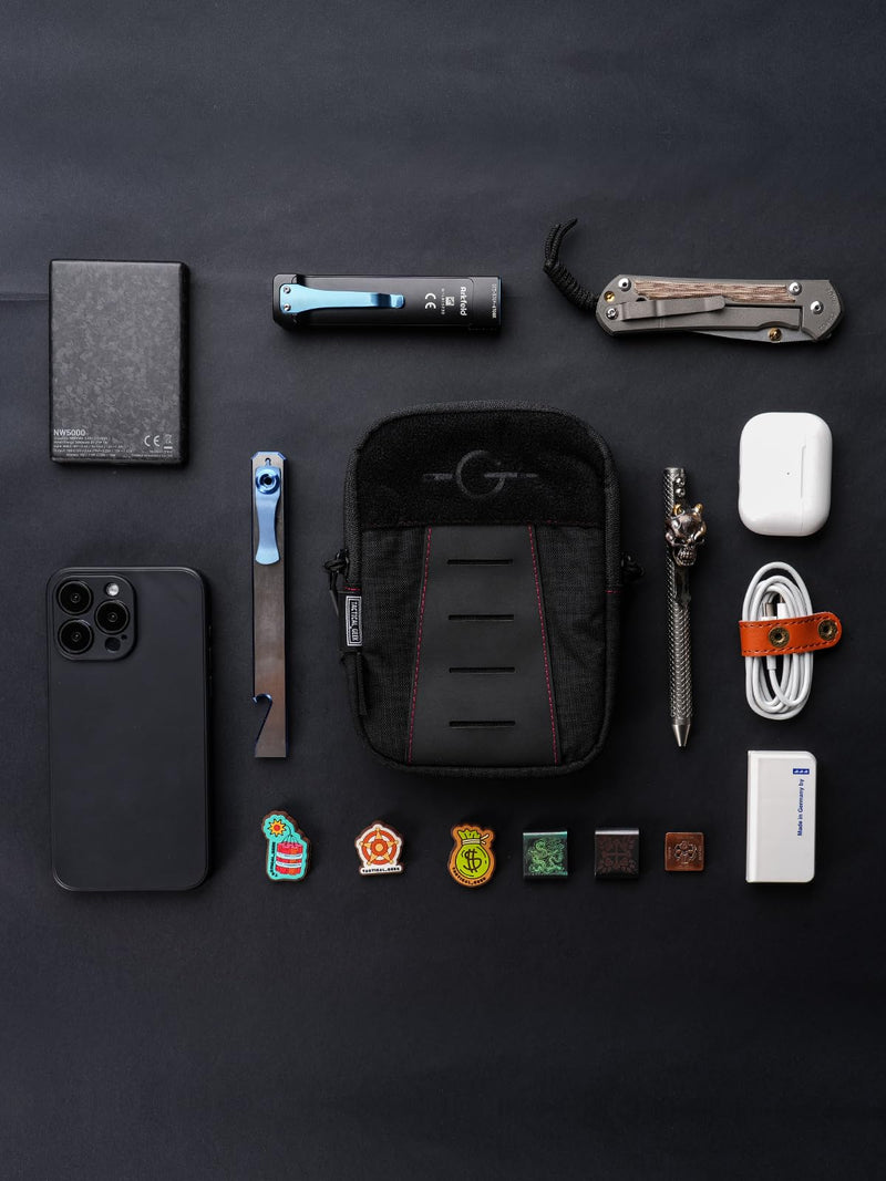 TACTICAL GEEK Block K EDC Compact Waist Pouch, Utility Pocket Organizer with Cache Pad, Nylon Zippers Tool Pouch, Multi-Purpose Small Gadget Organization for Daily Carry Black Red