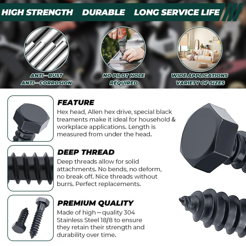 1/2 x 5 Black Hex Head Lag Screws Bolts (6 pcs), 304 Stainless Steel 18/8, Black Oxide Coated, Partial Thread, Deck Screws, Heavy Duty Hex Head Wood Lag Screws, Fayeploo 1/2 x 5" 6