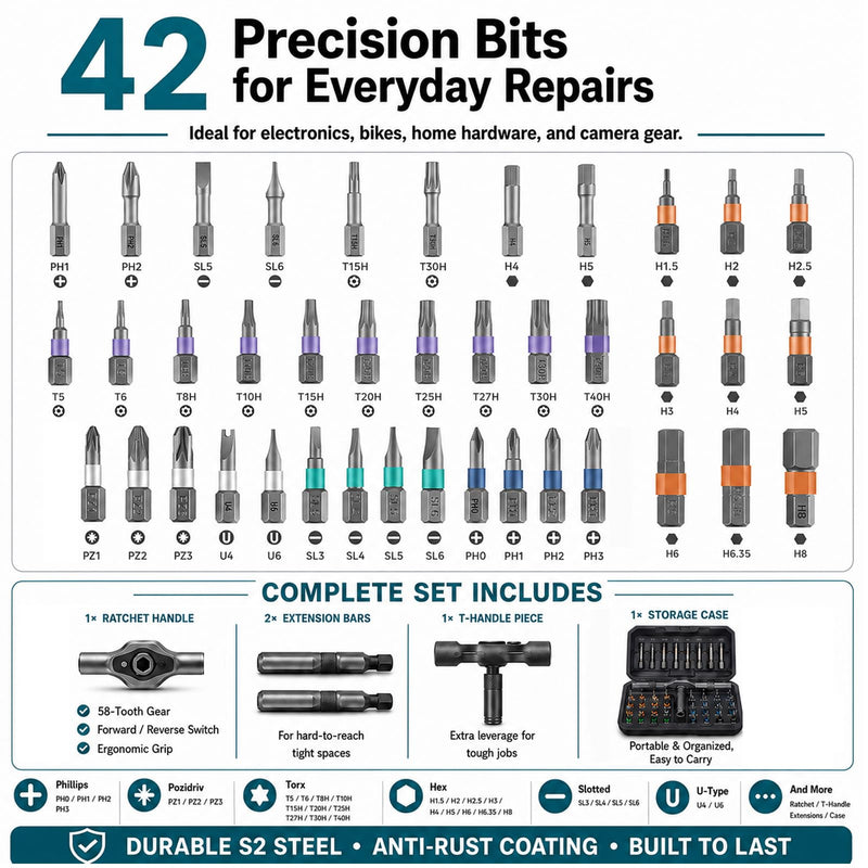 42 in 1 Magnetic Ratcheting T Handle Screwdriver Set with Storage Case | Storage Case, Home, Computer, Furniture, Bicycle Screwdriver Set（42 in 1)