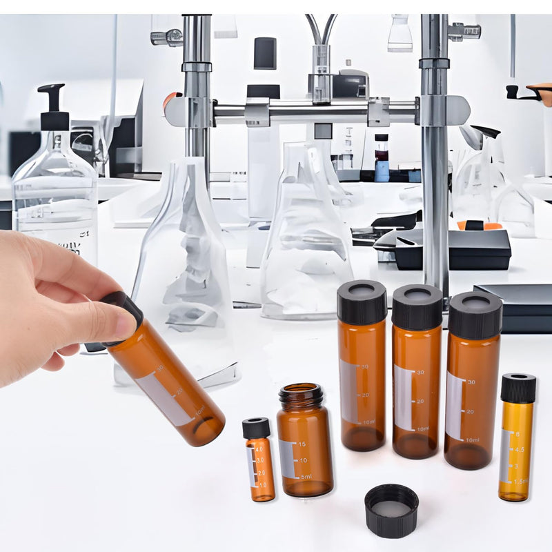 ESHATO 4ML Autosampler Vial, 100 Pack HPLC/GC Vials 9-425 Lab Amber Vials Sample Vial Screw Cap Writing Patch White PTFE and Silicone Septa for LC Stamper Brown