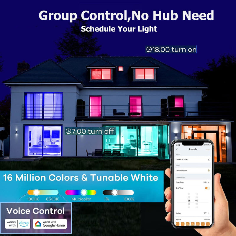 4 Pack Smart Light Bulbs,WiFi & Bluetooth LED Light Bulb That Works with Alexa & Google Home, Color Changing Light Bulb, 10W A19 E26 2.4Ghz WiFi Light Bulbs 60 watt Equivalent, 800lm Dimmable 4 Pack Wifi&bluetooth