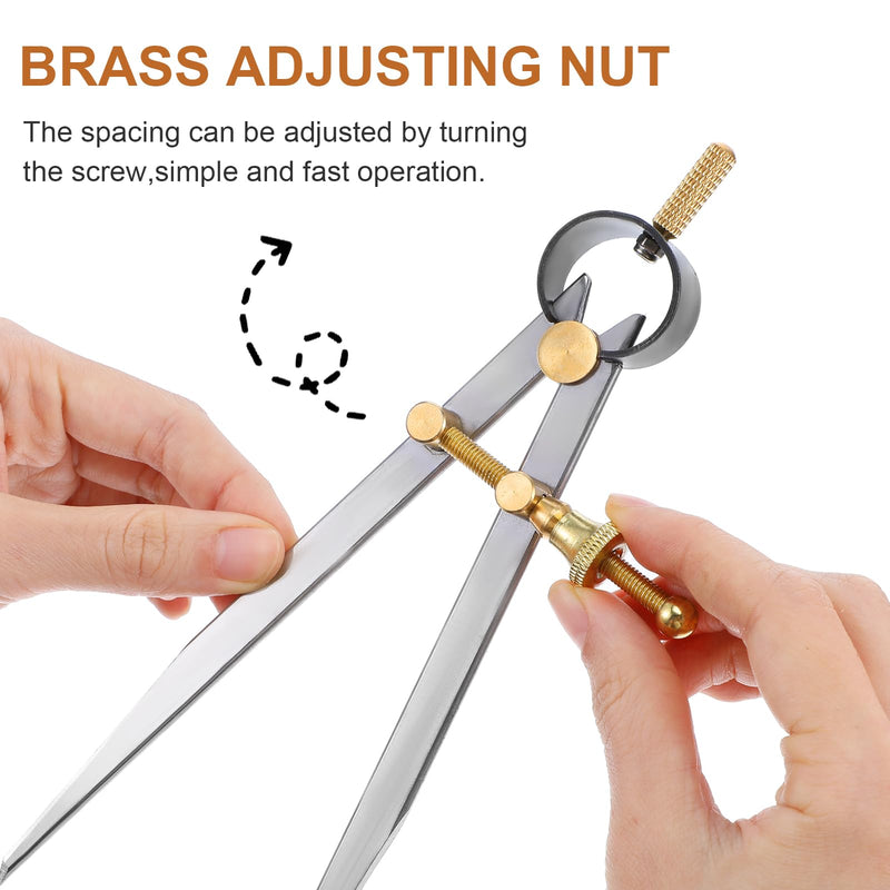 2 PCS Adjustable Lockable Spring Wing Divider Calipers, 6 Inch and 8 Inch Steel Leather Compass Creaser, Drafting Compass Tool for Woodworking, Metalworking, Geometry Drawing
