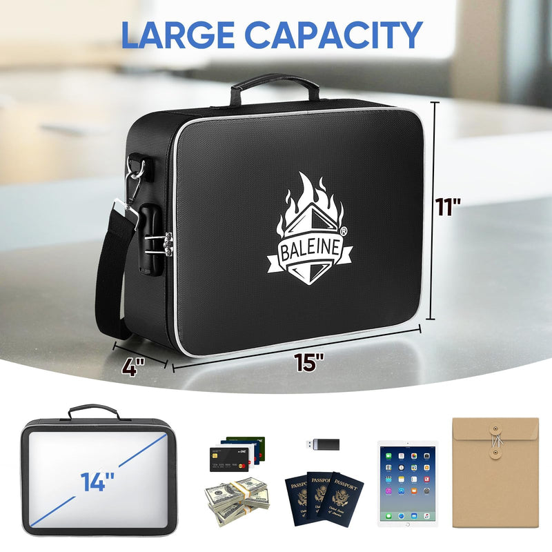 BALEINE Fireproof Document Box with Lock, Portable Fireproof Document Bag Waterproof Fire Proof File Boxes for Documents, File Organizer Box for Important Paperwork (Black, 15''x11''x4'') 15''x11''x4'' (Bag) Black