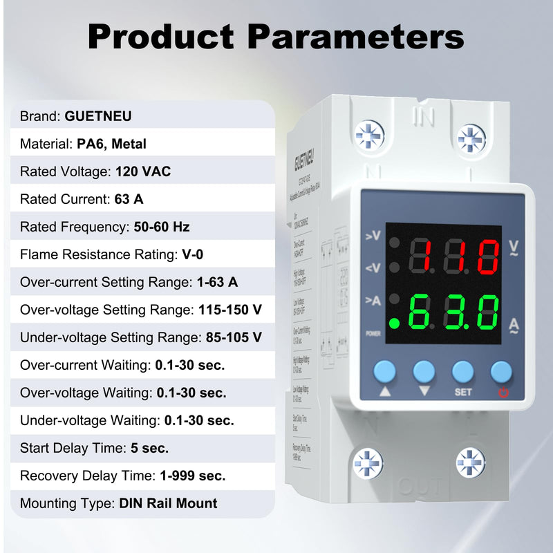 Multifunctional Over/Under Voltage Protector, 120VAC 63A, Current & Voltage Adjustable Protective Relay, LED Display, DIN Rail Mount