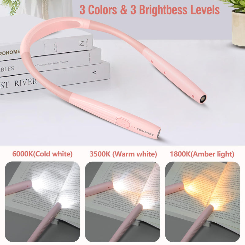 Upgraded LED Neck Reading Light, Book Light, Rechargeable, 3 Colors & 3 Brightness Adjustable, Auto-Off Timer, Neck Light for Reading in Bed, Long Lasting, Perfect for Repairing, Knitting. Sakura Pink