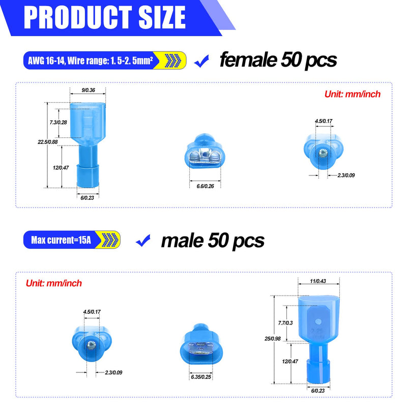 Twidec/100PCS Nylon Spade Connectors Kit 16-14 Gauge Quick Disconnect Fully Insulated Male and Female Wire Spade Terminal Assortment Kit Blue N-025-BU