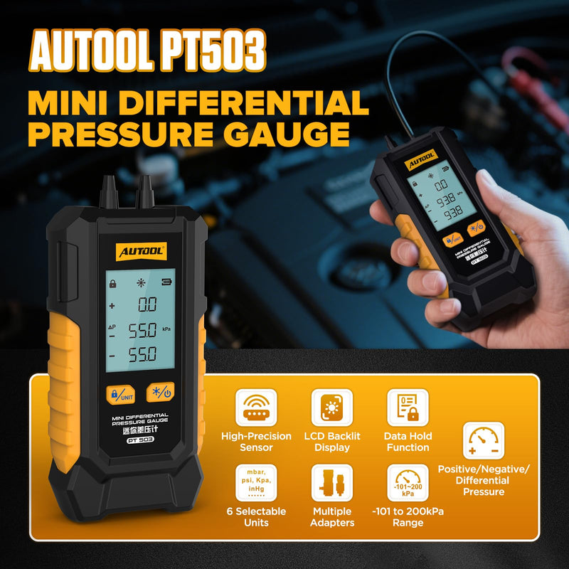 AUTOOL PT503 Mini Differential Pressure Gauge, Manometer Gas Pressure Tester with Dual Port Manometer, HVAC Gas & Air Pressure Tester, -101 to 200 kPa Range,6 Units, Digital Manometer with Data Lock