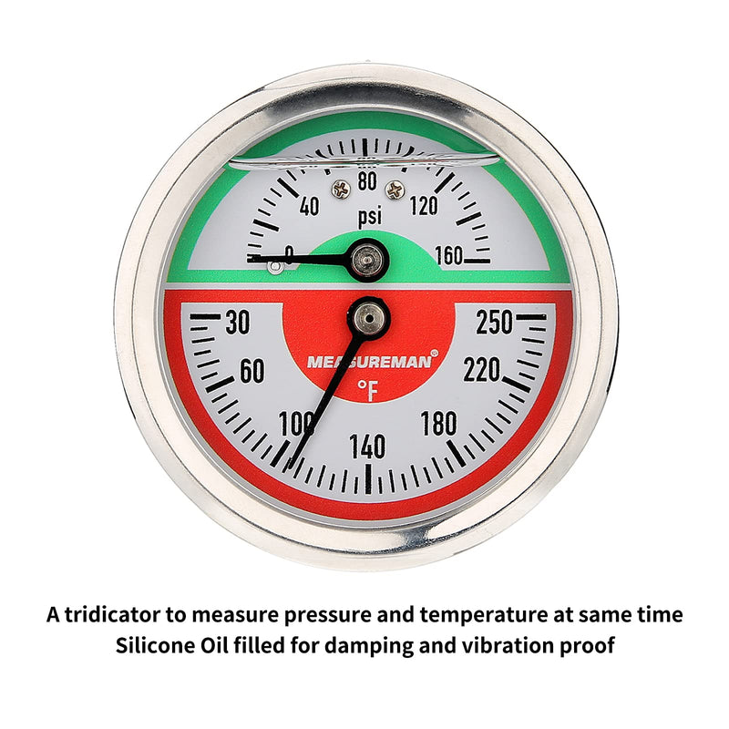 MEASUREMAN Tridicator, Thermo-Manometer, 2-1/2", Silicone Oil Filled, 0-160psi/30-250 deg F, Stainless Steel Case, 1/4" NPT Back Mount Back Mount-Liquid Filled