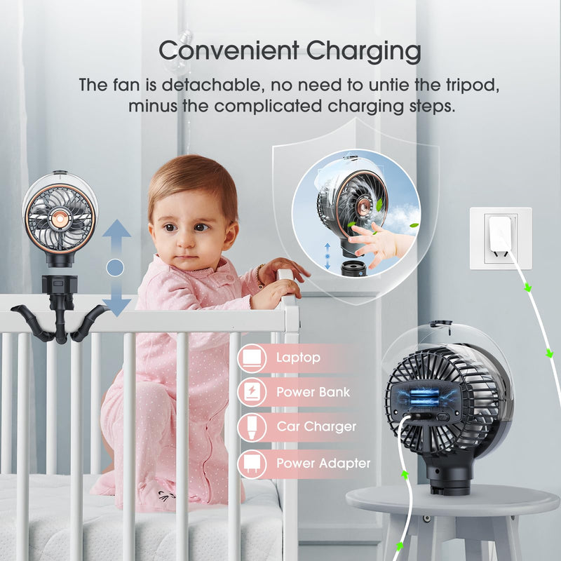 Ausic Stroller Fan with Mist, 100ml Misting Portable Fan for Stroller, Safe Baby Fans with Detachable Tripod, Baby Essentials, Clip on Fans for Crib, Treadmill, Car Seat, Outdoor, Beach, Golf Cart Misting Black