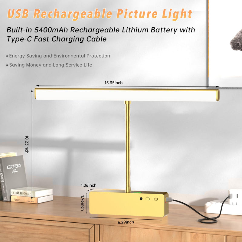 Picture Light with Remote, 15.35inch Wireless Rechargeable Battery Wall Light for Paintings, 3 Colors Paintings Light Dimmable and Timer Metal Art Light for Display, Wall, Artwork, Gallery (Gold) Gold - NewNest Australia