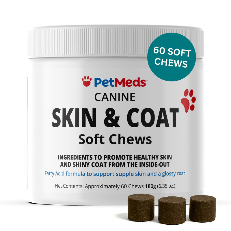 PetMeds Skin & Coat Supplement for Dogs - Fish Oil, Omega 3, Vitamin E, & Biotin for Dry, Itchy Skin & Shedding Relief - Healthy Skin & Shiny Coat - Beef & Sweet Potato Flavor - 60 Soft Chews