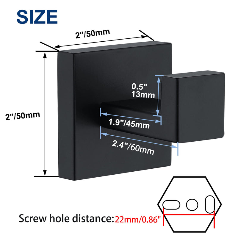 Towel Hooks for Bathrooms, Matte Black Towel Hook for Kitchen Bathroom, SUS304 Stainless Steel Coat Hook, Square Heavy Duty Holder Robe Hooks for Hanging Towels, Coats, sponges, Wall Mount, 4 Pack 2" 4Pack