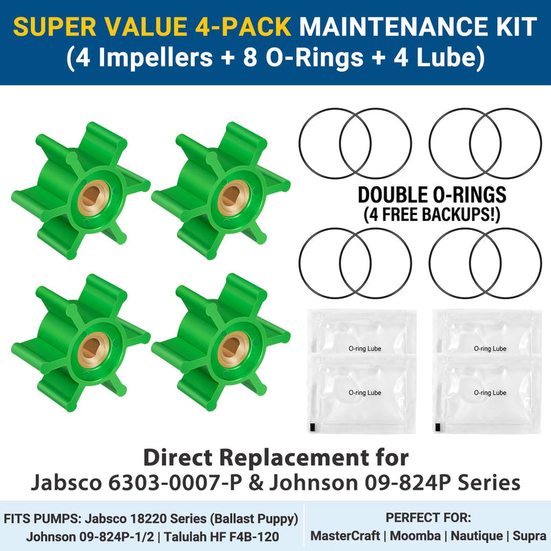 4-Pack 6303-0007-P Polyurethane Impeller Kit with 8 O-Rings & Lube – Compatible with Jabsco 18220 Series, Johnson SPX 09-824P, Fits MasterCraft, Moomba, Nautique Wakeboard & Ski Boat Ballast Pumps