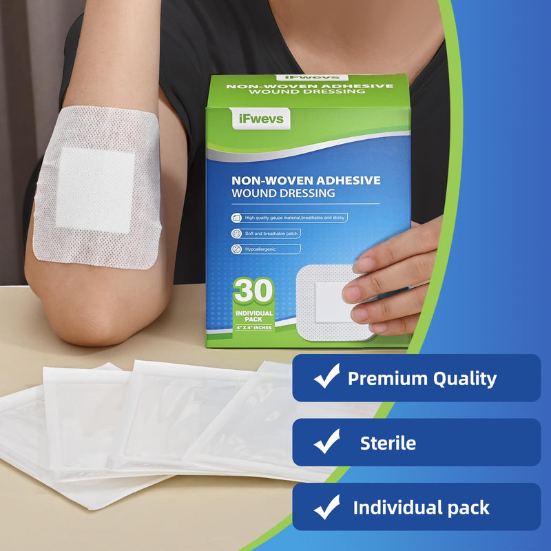30 Count Bordered Gauze Island Dressing - 4" x 4" Sterile Individually Wrapped Gauze Pads Highly Absorbent, Non-Woven Backing -Breathable Wound Dressing for First Aid（2x2 Non-Stick Pad in Center）