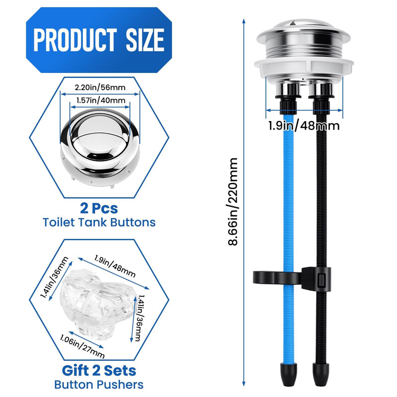 2 Pcs 48mm Adjustable Toilet Tank Dual Buttons with 2 Sets Love Heart Toilet Button | Universal Top Mount Flush Kit Replacement | Fit for Standard & Most Toilets 2 Pcs 48mm