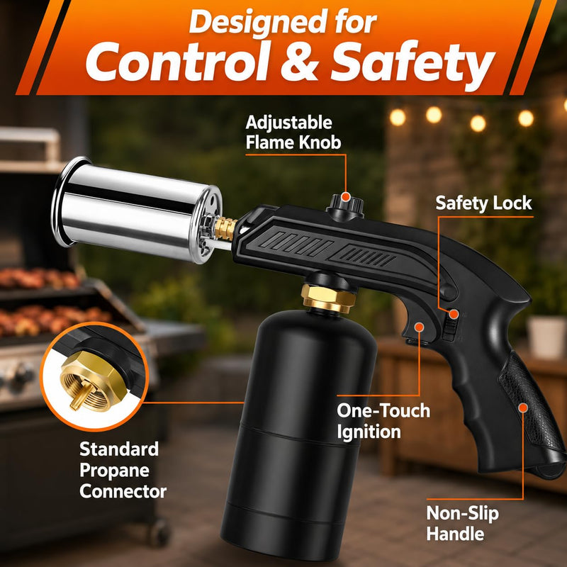 Powerful Propane Torch Gun with Adjustable Flame and Safety Lock, 2370°F High Heat Cooking Blow Torch for Charcoal Starter, BBQ, Sous Vide, Steak Searing and Campfire (Tank Not Included)