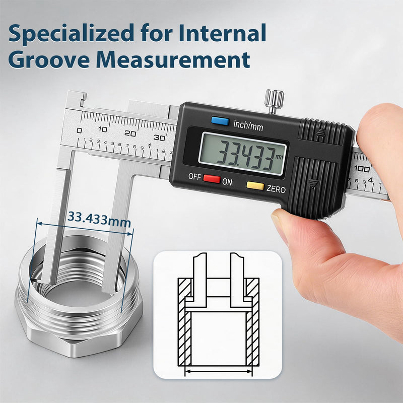 Internal Groove Digital Caliper 150mm/ 6" | High-Precision Outer Groove Measuring Tool, LCD Display Stainless Steel Body, Storage Case, Smooth Sliding Track Sliver Internal Groove / 6"