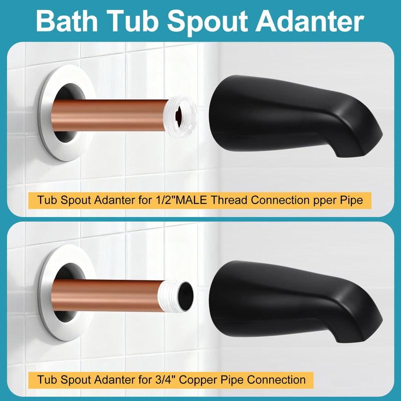 Matte Black 3 Piece Shower Knob and Bath Tub Spout Kit, for Price/Pfister Verve 3 Handles and Tub Shower Faucet, Includes 3× Shower Knob, 3× Flange Base, 1× Tub Spout for 1/2" IPS, 3/4" IPS Pipe