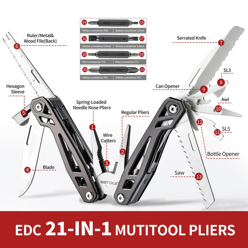 WETOLS Multitool Valentines Day Gifts for Him Boyfriend Husband, 21-in-1 Pliers Mens Gifts Birthday Gifts for Men Dad Grandpa, Self-locking Multi Tool EDC Versatile Tool for Outdoors, DIY, Home,Garden ‎titanium Grey