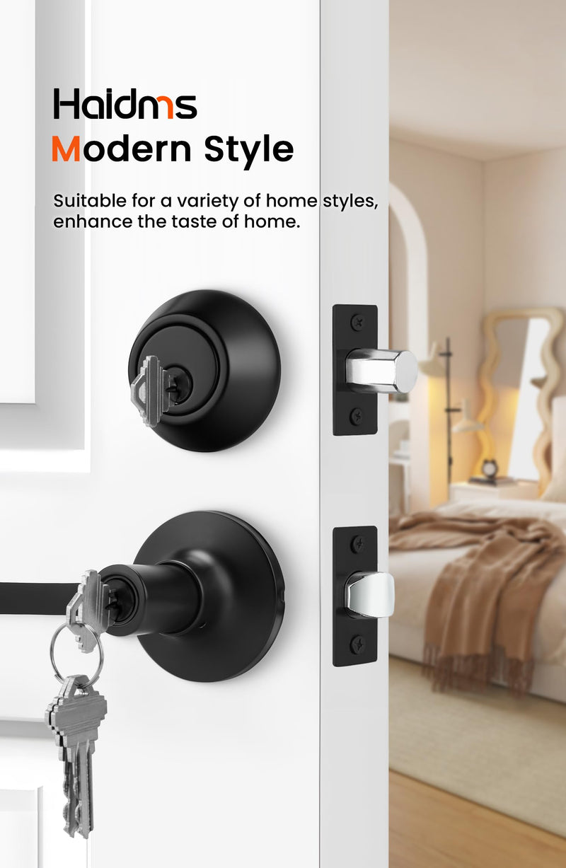 Haidms Black Exterior Door Handle Set with Deadbolt, Front Door Lock Set, Matte Black Door Lever and Single Cylinder Deadbolt, Entry Door Locksets, Heavy Duty Zinc Alloy 1 Pack Lever&Deadbolt