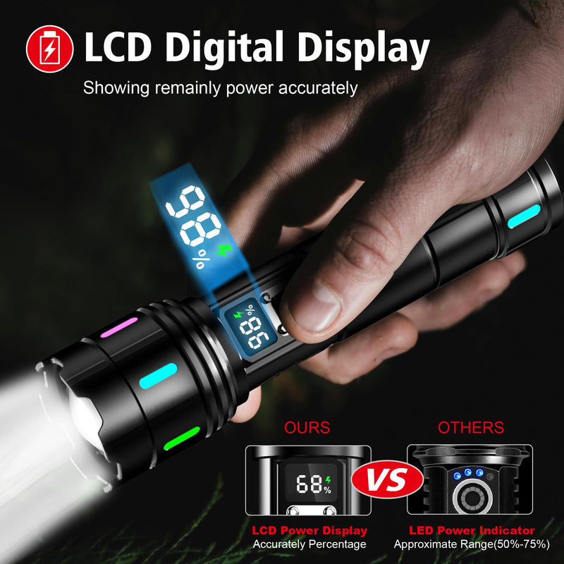 Flashlight 20000 High Lumens Rechargeable - 30W Super Bright LED Flash Light with LCD Display | 3937ft Beam & 12H Long Lasting USB C Powerful Handheld Flashlight for Home, Camping, Hiking, Emergency Black