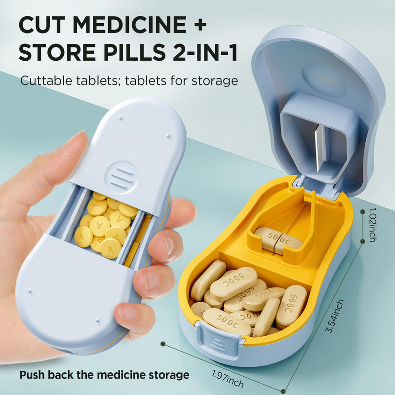 Pill Cutter for Small and Tiny Pills - Pill Splitter with Detachable Silicone Pad - Easy Open Snap Button. Wrap-Around Blade Guard Prevents Cuts. Back Storage (Blue) Blue