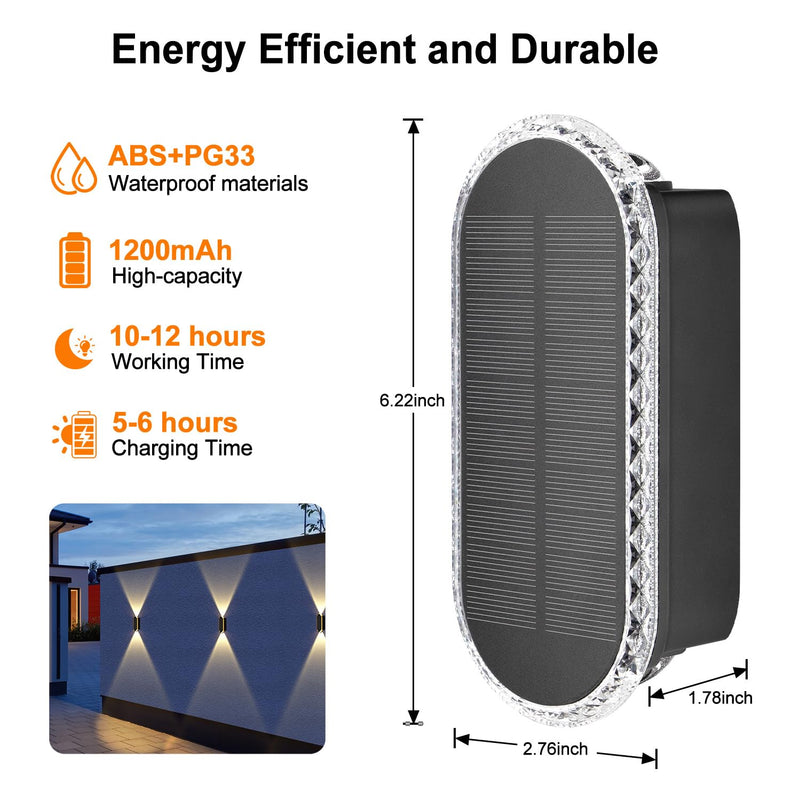 Ellasay Solar Fence Lights Outdoor,6-Pack Solar Powered Wall Lights Up and Down Waterproof IP65,3 Color Brighter LED Focus Lens SolarLights Dusk to Dawn 12h for Patio,Backyard,Porch,Railing 3000/4000/6000K 6 Pack