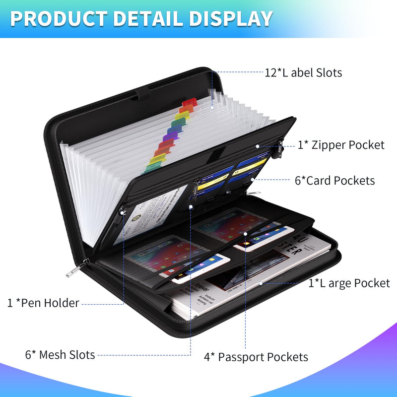 Fireproof & Waterproof Accordion File Organizer, 13-Pocket Expanding Document Organizer with Handle & Labels,Heat-Resistant fireproof file folder A4/Letter Files, Safe travel file organizer Black