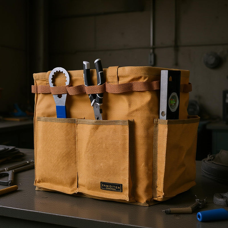 Water Resistant Gardening Tool Bag with Handles - 6 Pockets Utility Self-Standing Organizer for Camping/Garden/Car Storage, 14" x 13" x 10" | Khaki