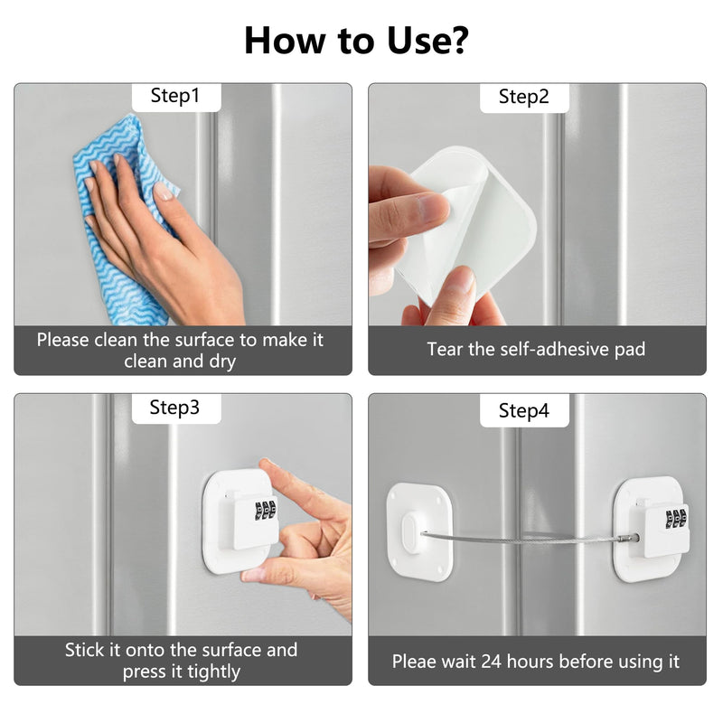 Refrigerator Lock, Heavy Duty Fridge Lock, Combination Lock for Refrigerator Cabinets, Drawers, Safety Lock, Easy Install No Keys Needed (White-4Pack) White-4Pack