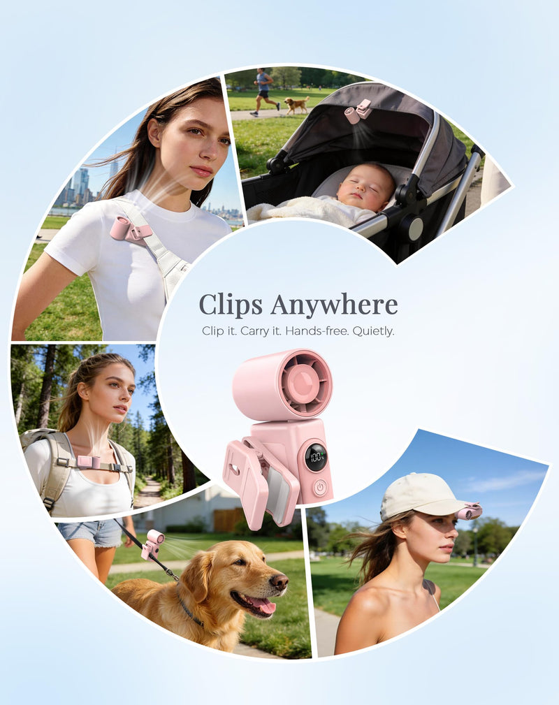 Hotsales Clip-On Portable Fan, 13500 RPM Rechargeable Handheld Mini Fan with LED Display, 360° Rotating Detachable Clip, Stroller Fan for Baby, Compact Travel Essentials/Lash, Summer Gifts for Women Girl Pink