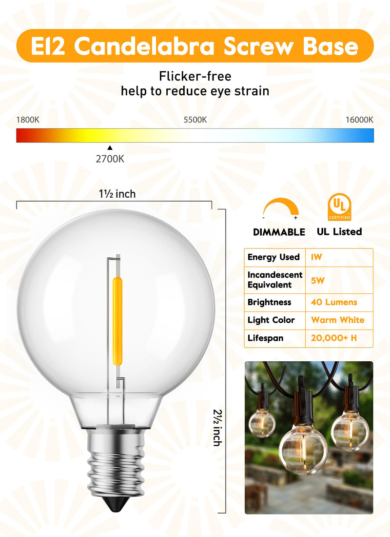 Outdoor String Lights 25 Feet G40 Globe LED Patio Lights with 13 Edison Plastic Bulbs(1 Spare), Waterproof Connectable Hanging Lights for Backyard Porch Balcony Party Decor, E12 Socket Base, Black Black - LED 25ft