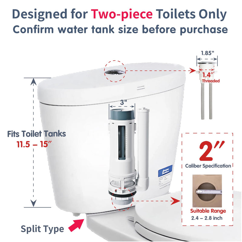 2-Inch Toilet Repair Kit Inside Tank with Dual Flush Valve Replacement, Includes Adjustable Fill Valve and Chrome Push Button for 2-Piece Toilet Fits 2-inch drain holes