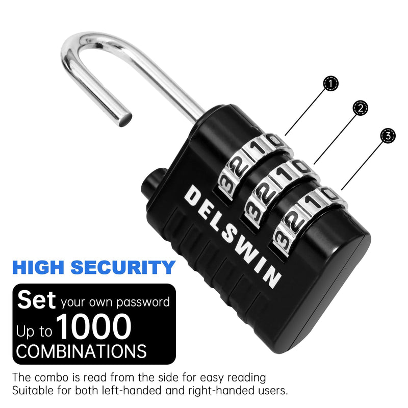 DELSWIN Combination Lock 3-Digit Small Padlock - 4Pcs Resettable Combo Lock for School Gym Locker, Outdoor, Fence, Gate, Waterproof Luggage Locks for Travel Backpack Charcoal Black 4 Pieces