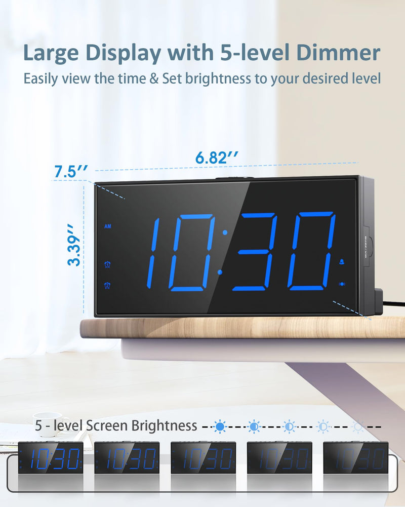 Roxicosly Loud Alarm Clock with Bed Shaker, Vibrating Alarm Clock for Heavy Sleepers/Hard of Hearing/Deaf,Dual Alarms, 7.5’’ Large LED Display, Dimmer, USB Charging Port, Plug-in with Memory Function with Bed Shaker & Thin Font Blue Digits, Thin Font