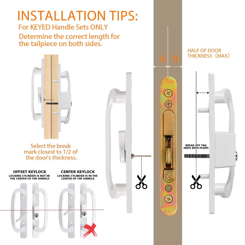 Keyed Sliding Patio Door Handle Replacement with Zinc Diecast I/E Pulls, Offset Thumbturn - Fits 1-3/8" to 2-1/4" Thick Door, 3-15/16" Hole Spacing, Non-Handed, with Mortise Lock + Keeper 3-15/16" Offset White Keyed