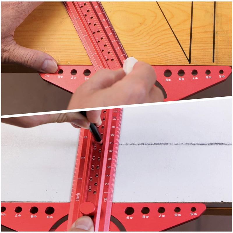 13" Woodworking Scriber Marking Line Ruler with Angle Finder, Adjustable Aluminum Alloy Sliding T-Square Ruler(Red) Red