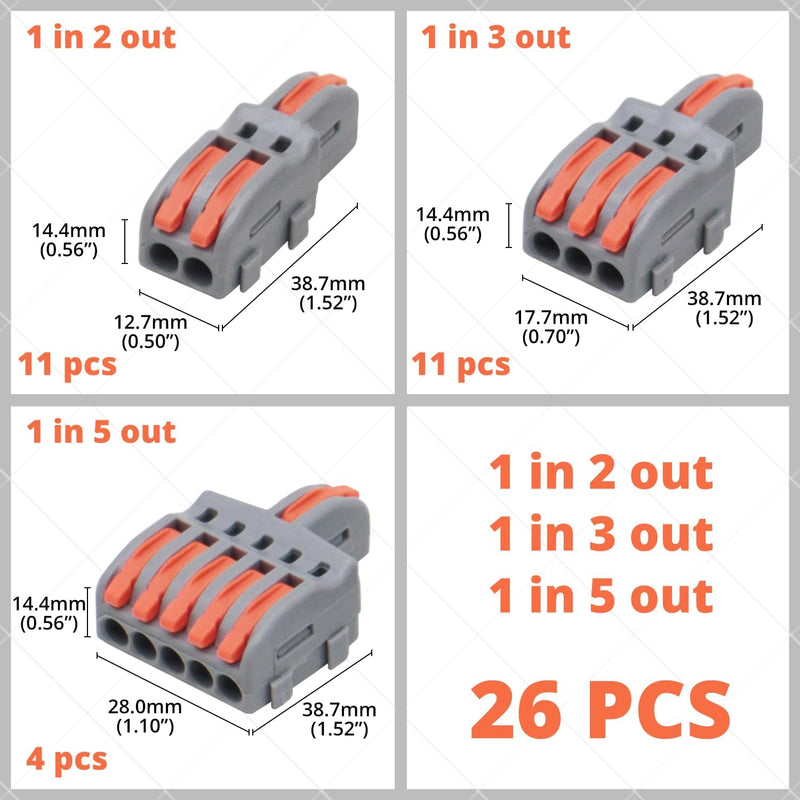1 in 2,3,5 Out Compact Lever Splicing Wire Connectors Kit 28-12 AWG DIY Splicing Compact Splitter, 26 Pcs Lever Lock Wire Nuts 1 in 2,3,5 out